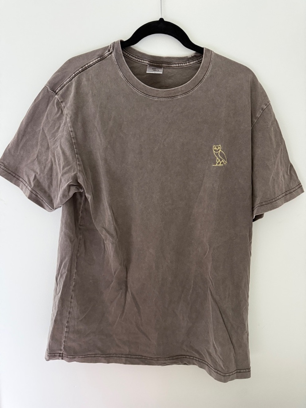 Brown Short-Sleeve Crewneck Tee with Subtle Yellow Owl Accent